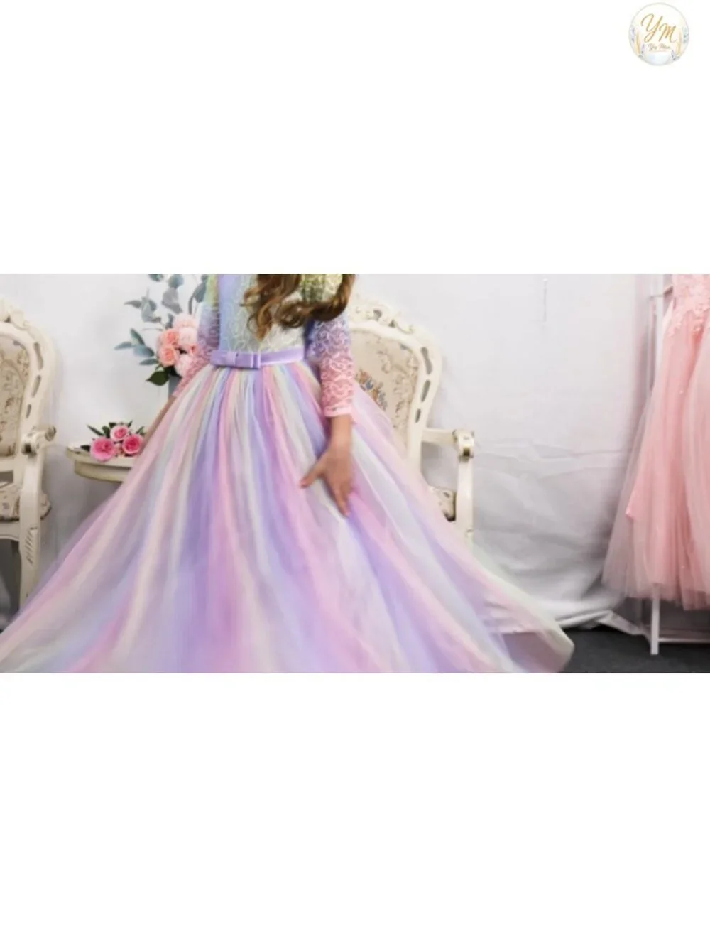 Girls Flower Girl Lace 3/4 Sleeve Wedding Princess Maxi Dress, High Waist, Back